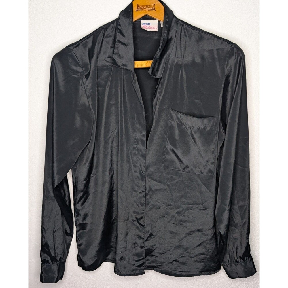 Avon Fashions Black Button Down Shirt Top Blouse Size 9/10 Large Vintage 80 (181